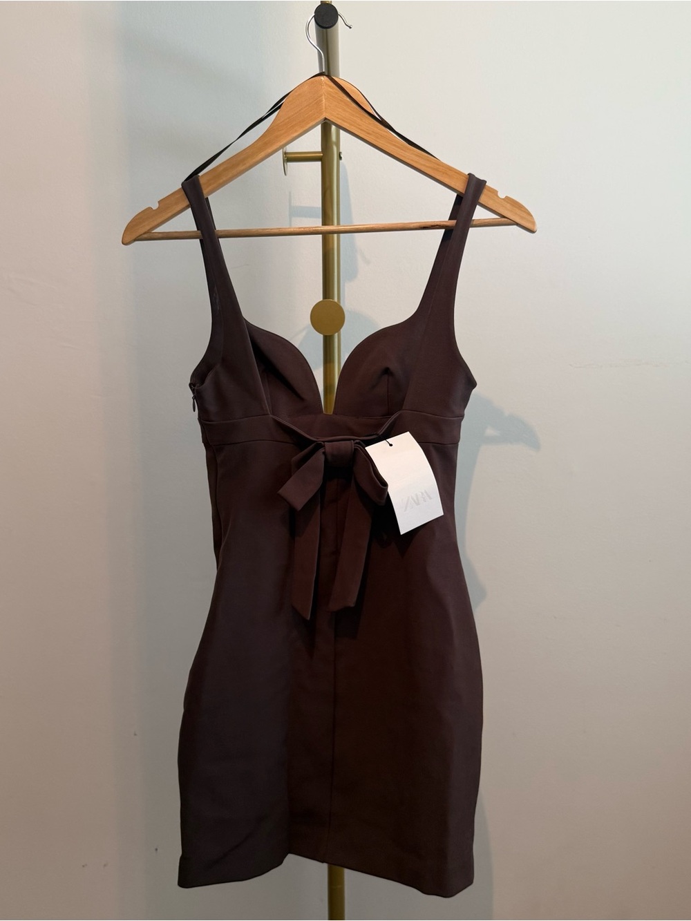 NWT Zara Dark Brown Bow Accent Backless Mini Dress